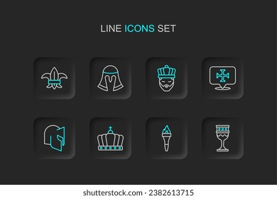 Set line Medieval goblet, Torch flame, King crown, helmet, Crusade, with,  and Fleur lys lily flower icon. Vector