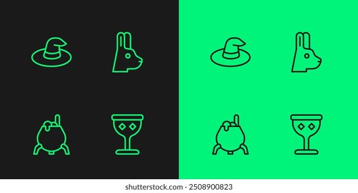 Set line Medieval goblet, Witch cauldron, hat and Rabbit with ears icon. Vector