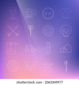 Fijar la línea de alambre medieval, Bale de heno y rastrillo, Skull, escudo de madera redonda, hacha, flechas cruzadas, goblet e icono de la rueda antigua. Vector