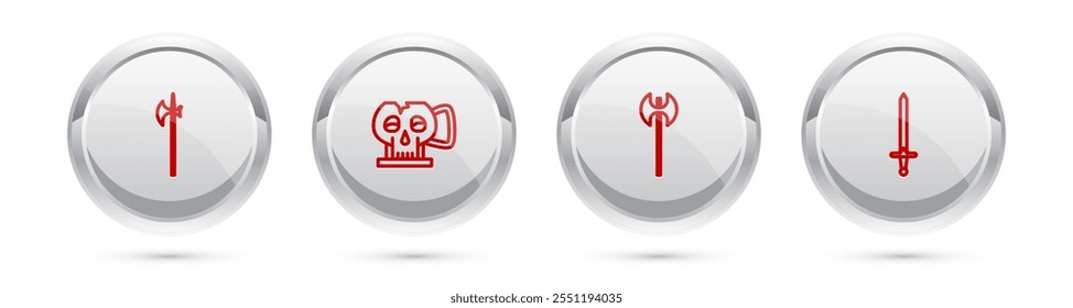 Alabarda medieval, taza del cráneo, hacha y espada. Botón de círculo plateado. Vector
