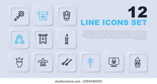 Set line Medieval helmet, Castle tower, flag, axe, Princess or queen, Fleur de lys lily flower, Crusade and arrows icon. Vector