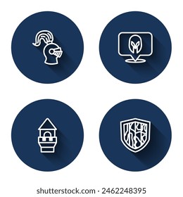 Set line Medieval helmet, Castle tower and Shield with long shadow. Blue circle button. Vector