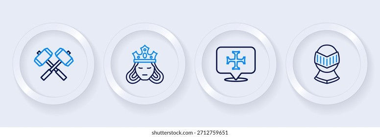Set line Medieval helmet, Crusade, Princess or queen and Crossed battle hammers icon. Vector