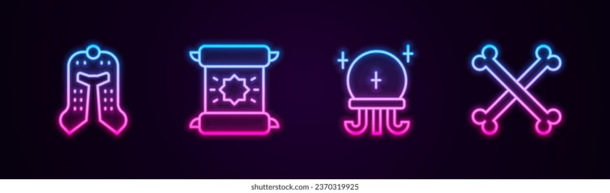 Fijar línea casco medieval, decreto, pergamino, pergamino, bola mágica y huesos humanos cruzados. Icono de neón brillante. Vector