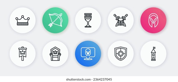 Set line Medieval helmet, flag, Shield, Skull with sword, goblet, Castle tower and throne icon. Vector