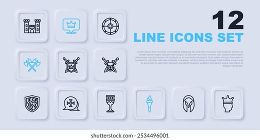 Definir linha Capacete medieval, coroa do rei, Escudo com espadas, Chama de tocha, Eixos medievais cruzados, Cruzada, e ícone de cálice. Vetor