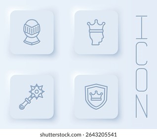 Casco medieval, corona King, maza con púas y escudo. Botón cuadrado blanco. Vector