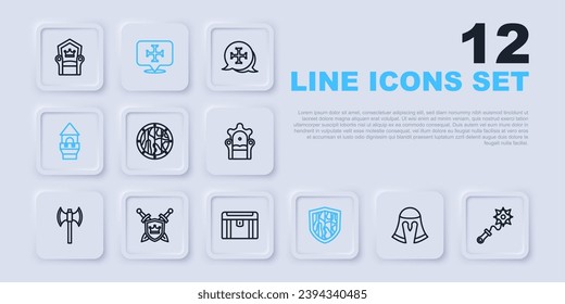 Línea de casco medieval, Mace con puntas, Escudo redondo de madera, Escudo, torre de castillo, espadas, cruzada y icono del cofre del tesoro antiguo. Vector