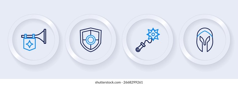Casco medieval, maza con púas, escudo y icono de la bandera de la trompeta. Vector