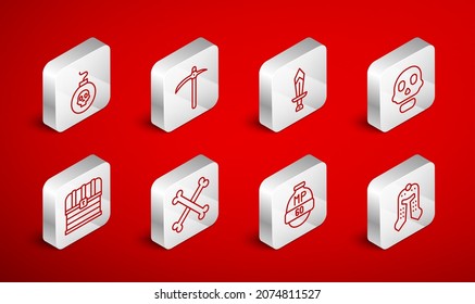Set line Medieval helmet, Pickaxe, Sword for game, Skull, Video bar, Bomb ready to explode, Crossed human bones and Chest icon. Vector