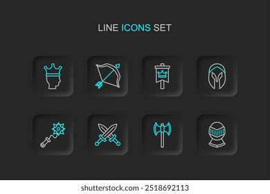 Set Linie Mittelalterlicher Helm, Poleaxe, Kreuziges Mittelalterliches Schwert, Mace mit Spitzen, Flagge, Bogen und Pfeil und König Krone Symbol. Vektorgrafik