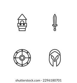 Set line Medieval helmet, Round shield, Castle tower and sword icon. Vector
