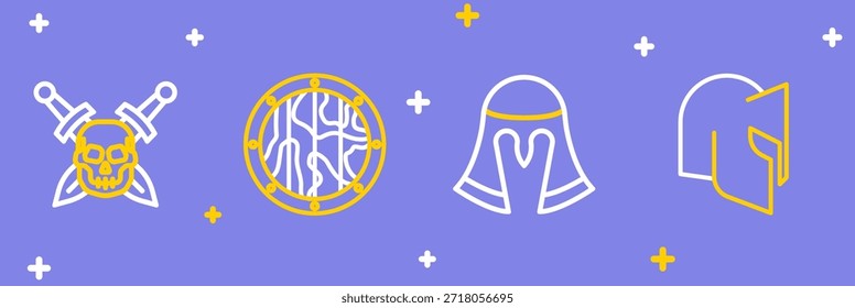 Set línea Casco medieval, escudo de madera redondo y calavera con icono de espada. Vector