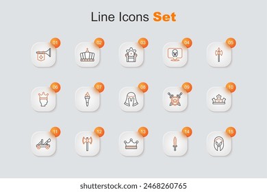 Set line Medieval helmet, sword, King crown, poleaxe, catapult, Shield with swords and  icon. Vector