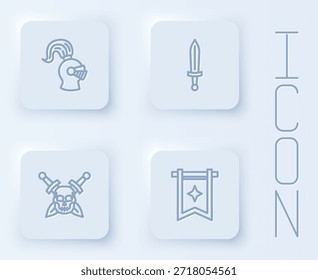 Set line Medieval helmet, sword, Skull with and flag. White square button. Vector