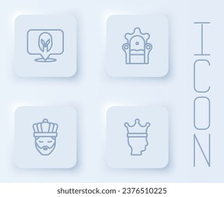 Set line Medieval helmet, throne, King with crown and . White square button. Vector