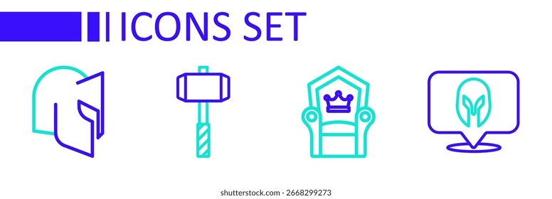 Set line Mittelalterlicher Helm, Thron, Battle Hammer und Symbol. Vektorgrafik