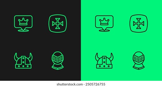 Set line Medieval helmet, Viking in horned, King crown and Crusade icon. Vector