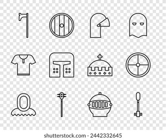 Set line Mittelalterliche Kapuze, Fackelflamme, eisernen Helm, gekettete Mace Ball, Axt und Runde Holzschild-Ikone. Vektor