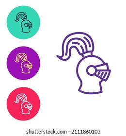Set line Medieval iron helmet for head protection icon isolated on white background. Knight helmet. Set icons colorful. Vector