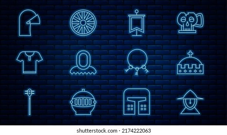 Set line Medieval iron helmet, King crown, flag, hood, Body armor, Old keys and wooden wheel icon. Vector