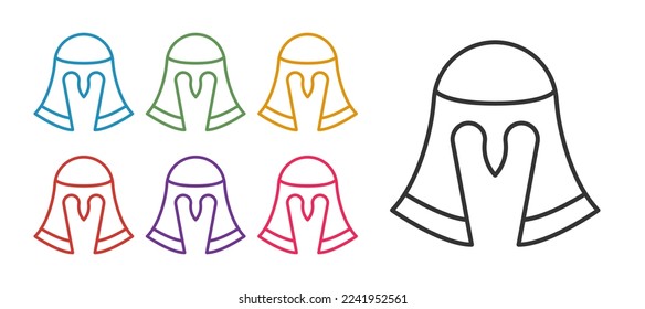 Set line Medieval iron helmet for head protection icon isolated on white background. Knight helmet. Set icons colorful. Vector