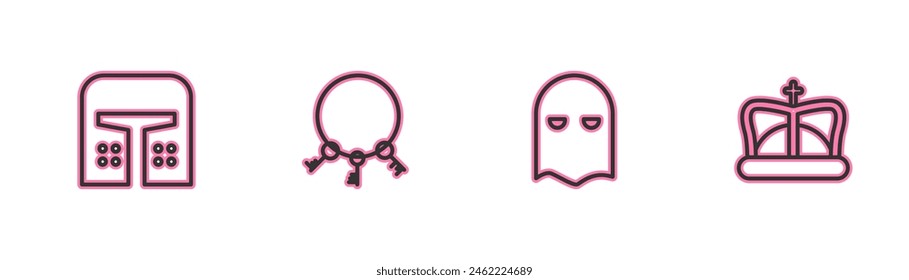 Set line Medieval iron helmet, Executioner mask, Old keys and King crown icon. Vector