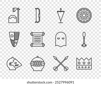 Set line Medieval iron helmet, King crown, flag, Executioner axe tree block, Decree, parchment, scroll, crossed arrows and Torch flame icon. Vector