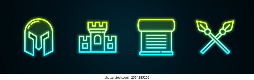 Set line Medieval iron helmet, Castle, fortress, Decree, parchment, scroll and Crossed medieval spears. Glowing neon icon. Vector