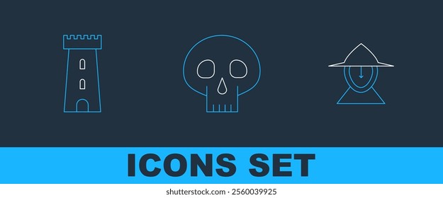 Set line Medieval iron helmet, Castle tower and Skull icon. Vector