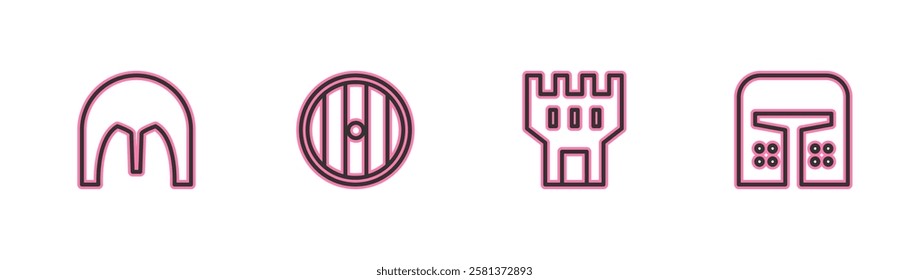 Set line Medieval iron helmet, Castle tower, Round wooden shield and  icon. Vector