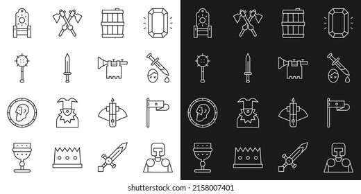Fijar la línea Caballero Medieval, bandera, Espada con sangre, Barril de madera, espada, bola de mace encadenada, trono e ícono de Trumpet. Vector