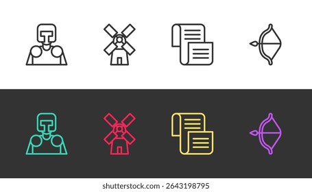 Set line Medieval knight, Windmill, Decree, parchment, scroll and bow and arrow on black and white. Vector