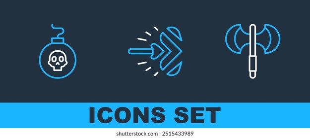 Set line Medieval poleaxe, Bomb ready to explode and Magic arrow icon. Vector