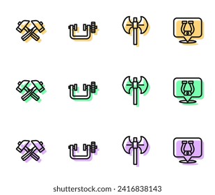 Fijar línea de poleaxe medieval, martillo cruzado, herramienta de abrazadera y tornillo e icono de herradura. Vector