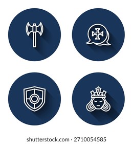 Set line Polea medieval, Cruzada, Escudo y Princesa o reina con sombra larga. Botón de círculo azul. Vector