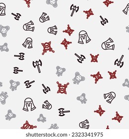 Fijar la línea de poleaxia medieval, casco, princesa o reina y escudo con espadas en un patrón ininterrumpido. Vector