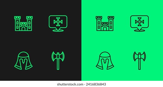 Set line Medieval poleaxe, helmet, Castle and Crusade icon. Vector