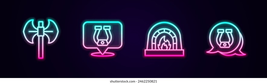 Set line Mittelalterliche Polaxe, Hufeisen, Schmiedeofen und. Leuchtendes Neon-Symbol. Vektorgrafik