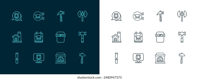 Set line Medieval poleaxe, Horseshoe, Welding mask, Blacksmith oven, anvil tool, Hammer,  and  icon. Vector
