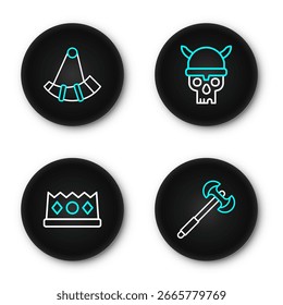 Set line Medieval poleaxe, King crown, Skull with viking helmet and Hunting horn icon. Vector