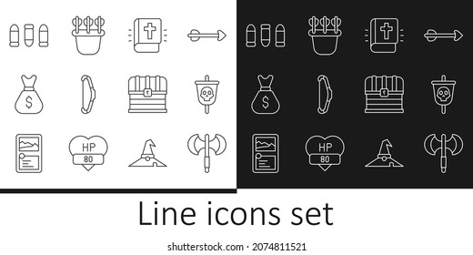 Set Linie Mittelalterliche Poleaxe, Piratenflagge, Heiliges Bibelbuch, Bogen, Alte Geldtasche, Bullet, Brust und Quiver mit Pfeile Symbol. Vektorgrafik