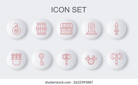 Set line Medieval poleaxe, Quiver with arrows, Chest, shield, Bomb ready to explode, Gun powder barrel, Old key and  icon. Vector