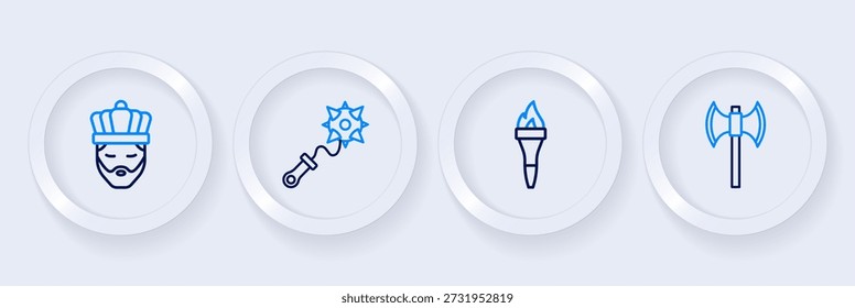 Set line Medieval poleaxe, Torch flame, Mace with spikes and King crown icon. Vector