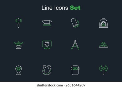 Polea medieval, máscara de soldadura, herradura, herramienta de yunque de herrería, barras de oro, fuelles de soplador de aire e icono de yunque y martillo. Vector