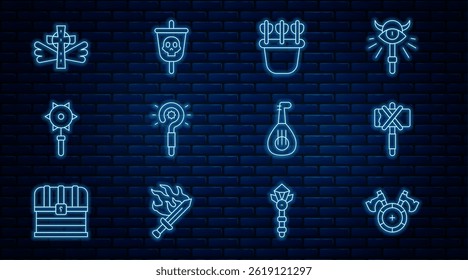 Set line Escudo medieval con hacha, flechas de Quiver, varita mágica, bola de maza encadenada, cruz cristiana, laúd e icono de bandera pirata. Vector