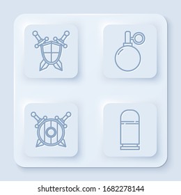 Set line Medieval shield with crossed swords, Hand grenade, Wooden shield with crossed swords and Cartridges. White square button. Vector