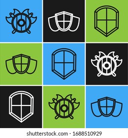 Establecer la línea de protección medieval con los ejes cruzados, icono Escudo y Escudo. Vector