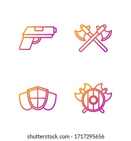 Set line Medieval shield with crossed axes, Shield, Pistol or gun and Crossed medieval axes. Gradient color icons. Vector