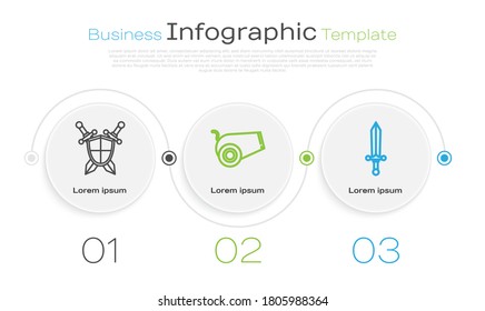 Fijar el escudo medieval con espadas cruzadas, cañón y espada medieval. Plantilla de infografía de negocios. Vector